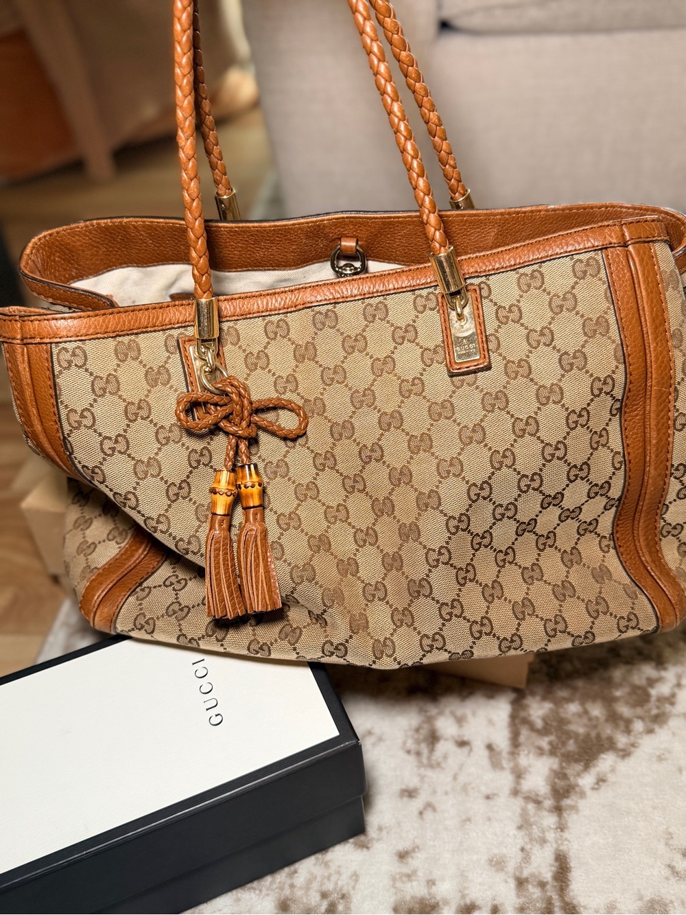 Gucci Tan/Brown GG Canvas Tassel Tote
